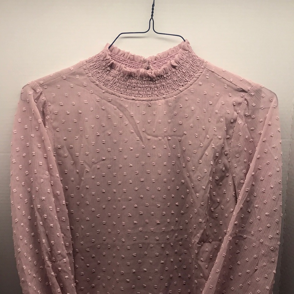Mock Neck Swiss Dot Long Sleeve Blouse